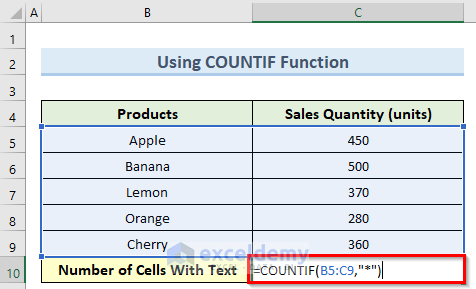 countif function to count cells with text in excel