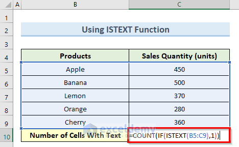 istext function to count cells with text in excel