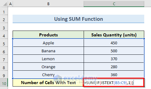 sum function to count cells with text in excel