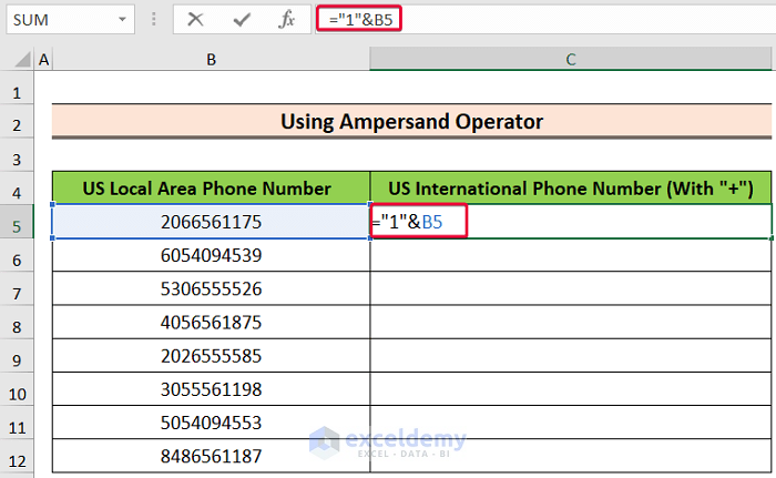 typing formula to show how to add a 1 in front of numbers in excel