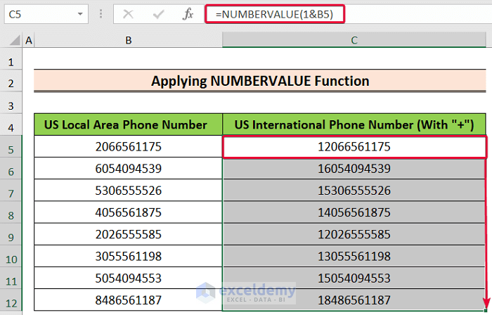 applying numbervalue function to show how to add a 1 in front of numbers in excel