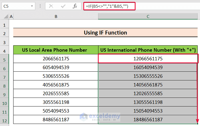 using if function to show how to add a 1 in front of numbers in excel
