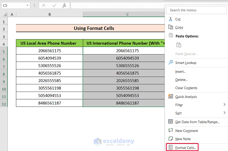choosing format cells option to show how to add a 1 in front of numbers in excel