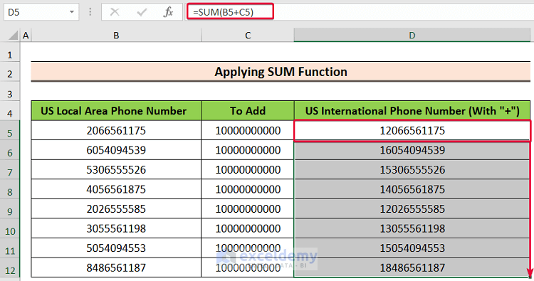 applying sum function to show how to add a 1 in front of numbers in excel