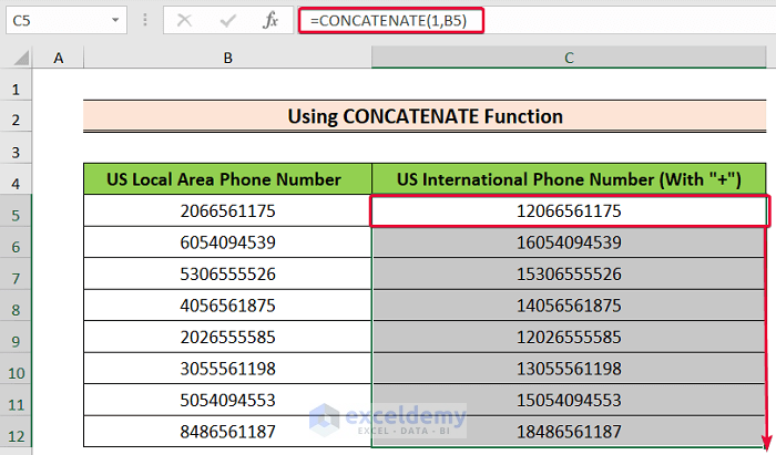 using concatenate function to show how to add a 1 in front of numbers in excel