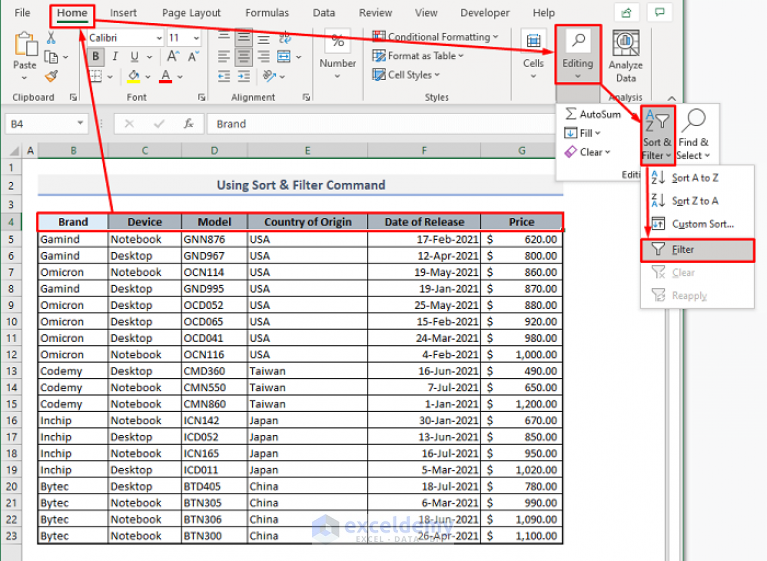 Apply Filter Across Multiple Worksheets Excel