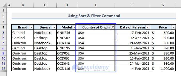 sort and filter command to sort multiple rows