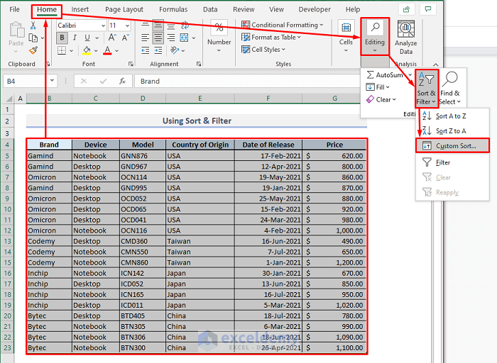 sort and filter to sort multiple columns in excel