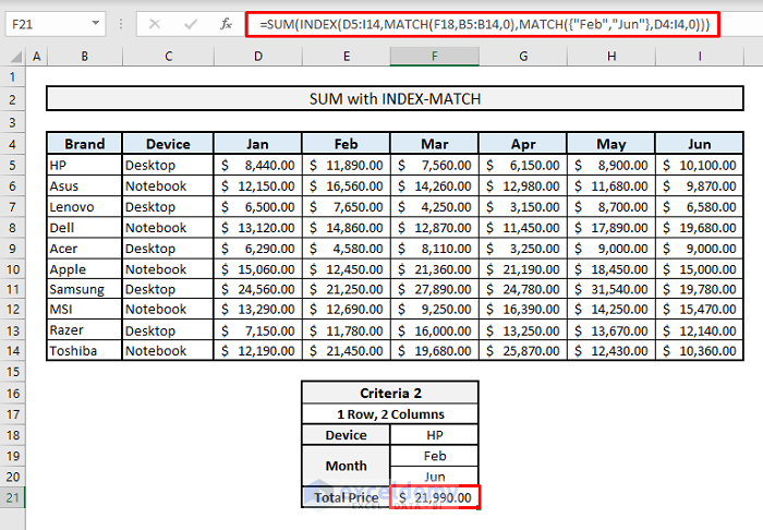 sum index match 1 row 2 columns criteria