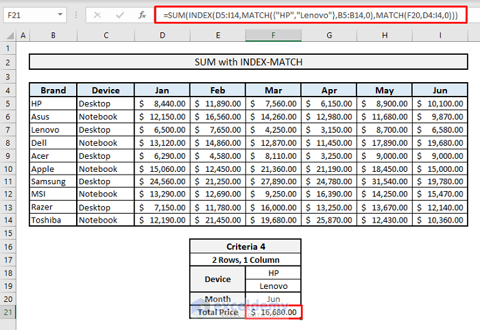 sum index match 2 rows 1 column criteria