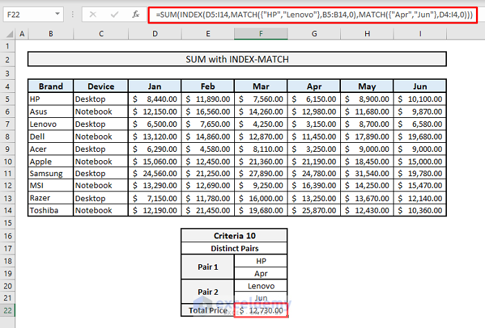 sum index match distinct pairs criteria