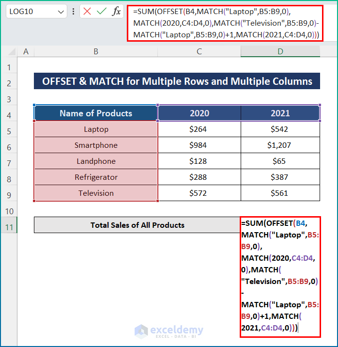 Join OFFSET and MATCH in Excel to Find Total in Multiple Rows and Multiple Columns