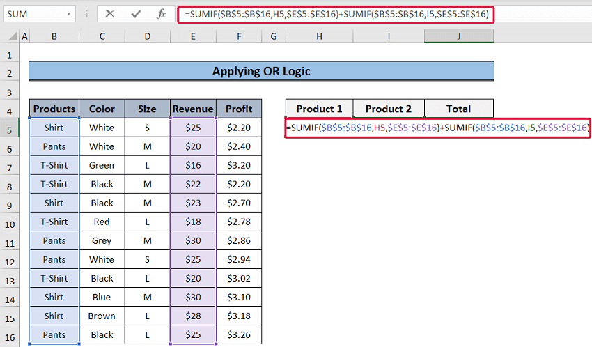 inserting formula to show sumif function with multiple criteria in different columns