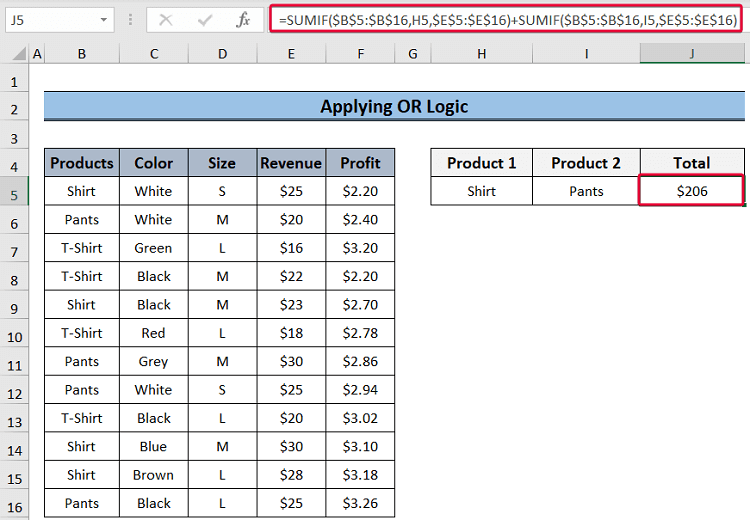 applying or logic to show sumif function with multiple criteria in different columns