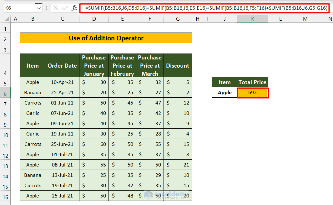 SUMIF Multiple Ranges Using Addition Operator