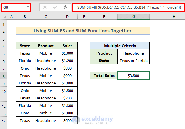Combine SUMIFS and SUM Functions in Multiple Columns