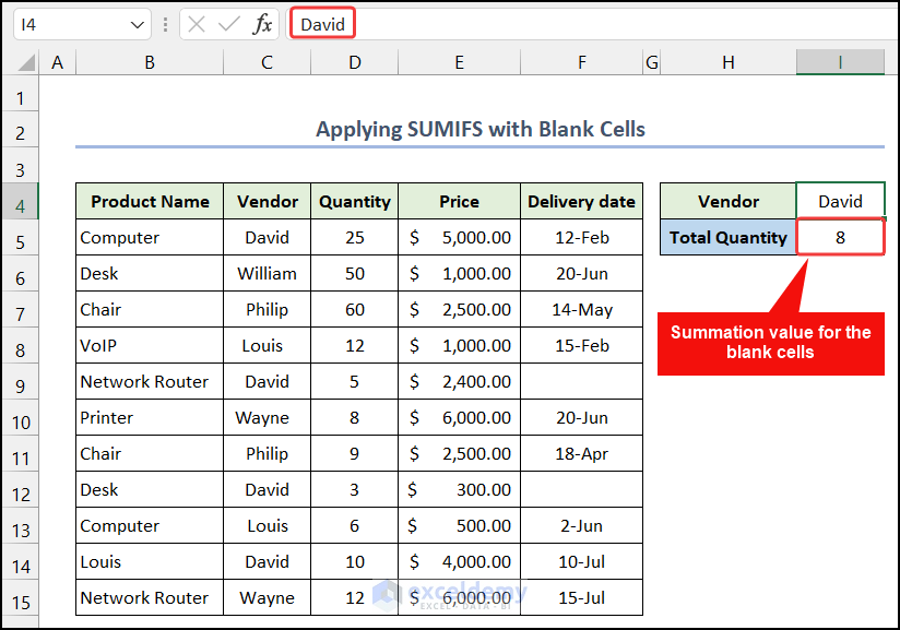 Input David as a criteria to use SUMIF function for multiple criteria in different columns