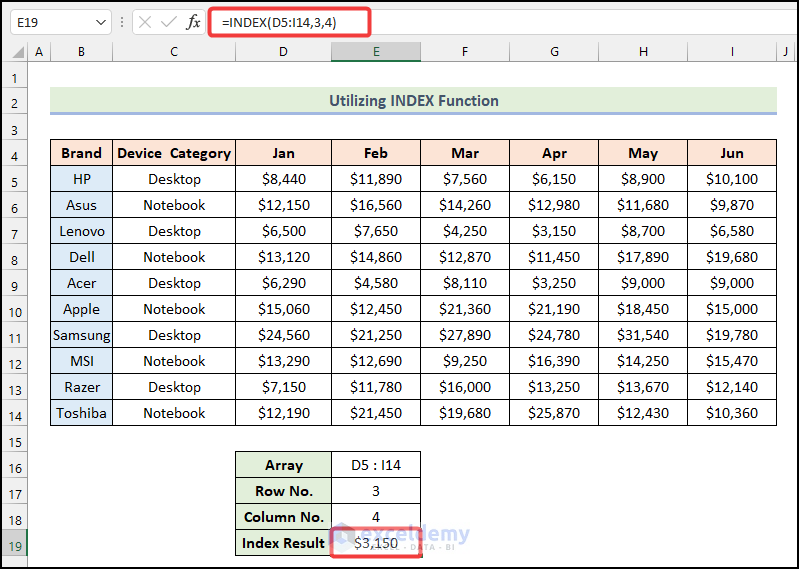 Using Index function in Excel