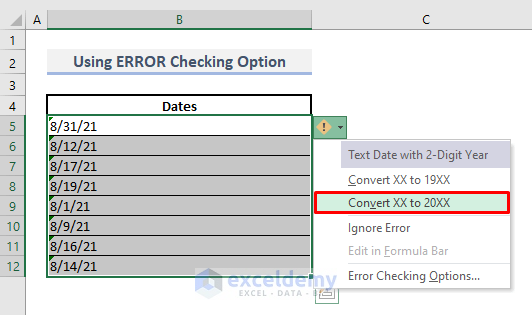 using error checking option to fix excel date not formatting correctly