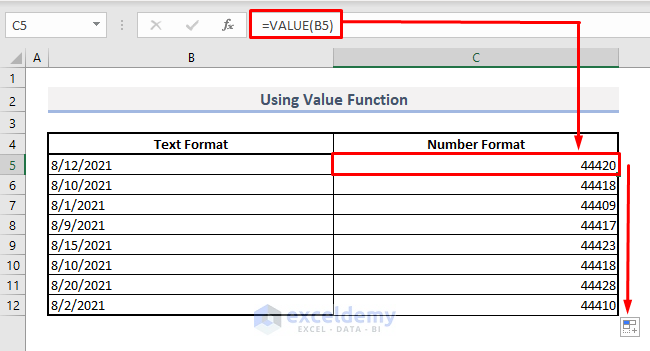 using value function to fix excel date not formatting correctly