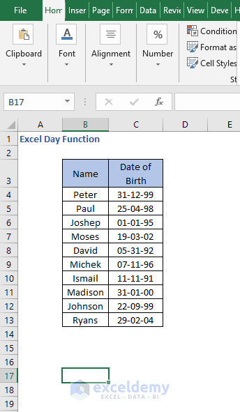 Excel Sheet - Excel Day Function