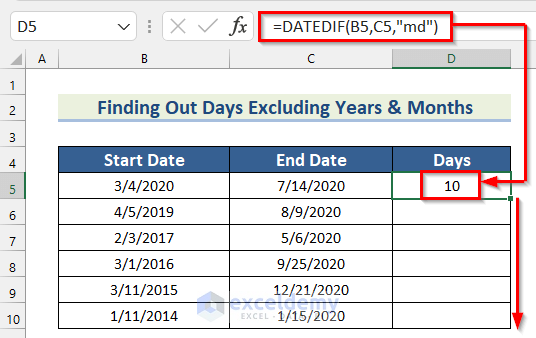 Find Out Days Excluding Years & Months Applying Excel DATEDIF Function