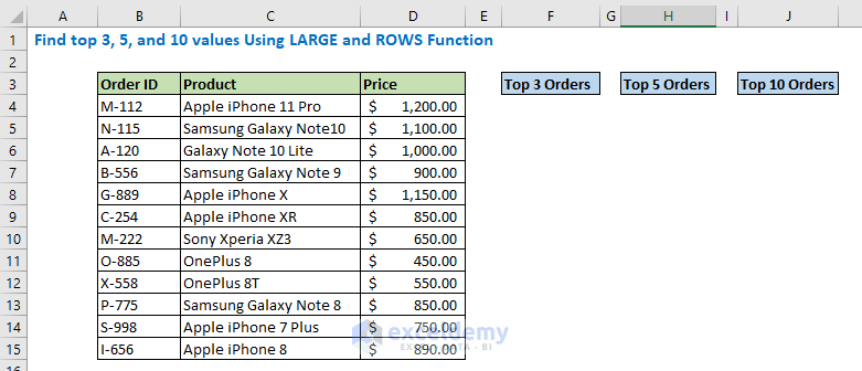 Find top 3 5 10 values using Large and Rows function