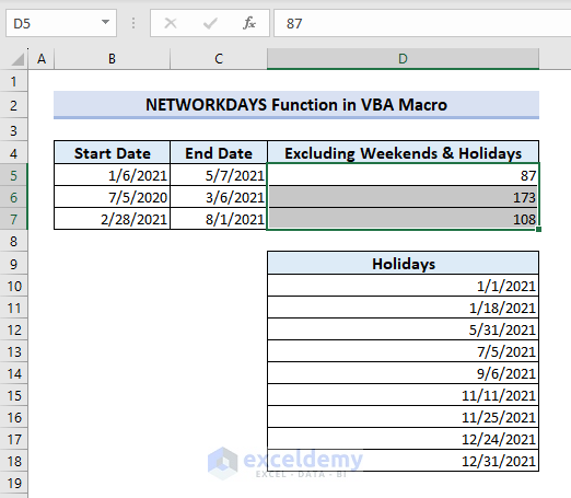 Networkdays found with VBA macro