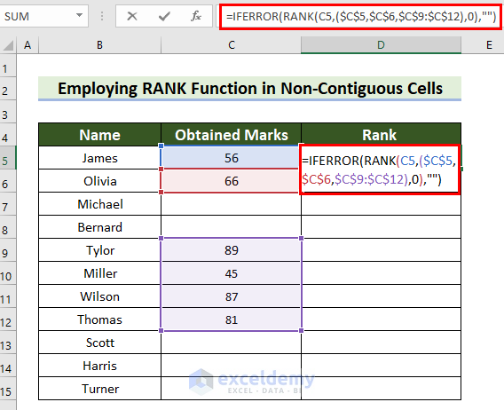 Employ RANK Function in Non-Contiguous Cells in Excel