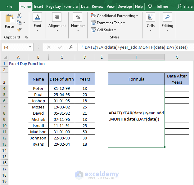Formula date after years- Excel Day Function