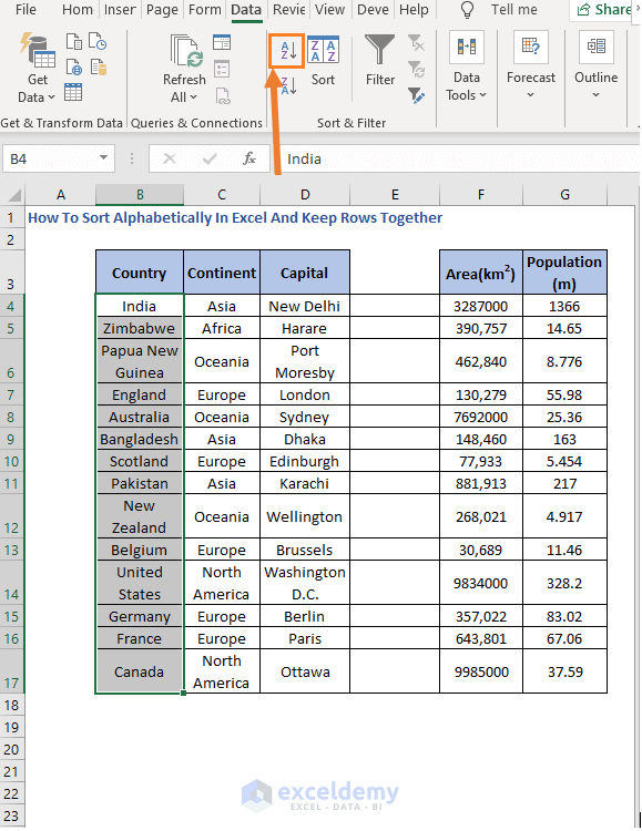 Select column and click sort - How To Sort Alphabetically In Excel And Keep Rows Together