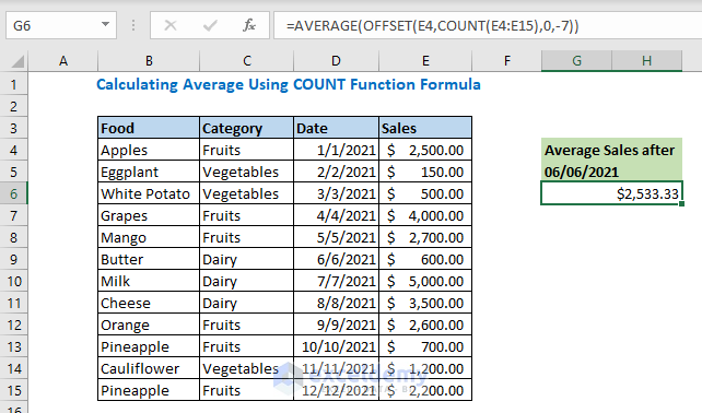 Enter formula using OFFSET, Average and COUNT function