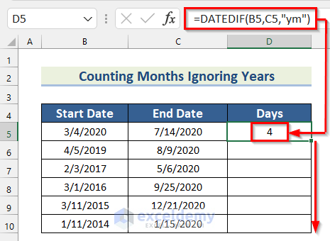 Count Months Between Two Dates Ignoring Years Using Excel DATEDIF Function