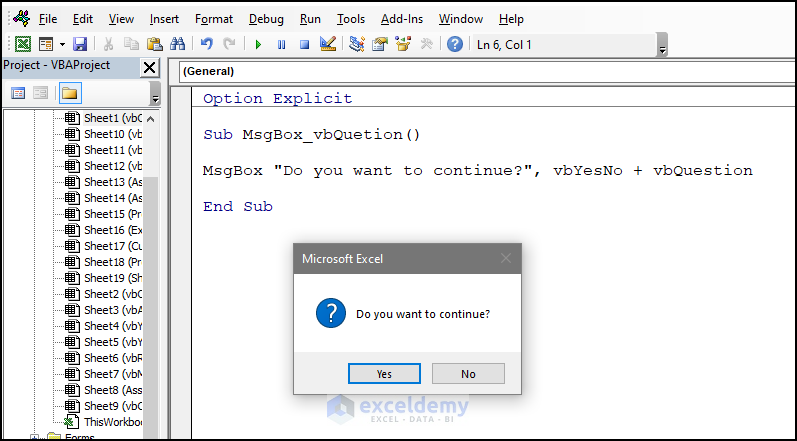 vbQuestion Icon for MsgBox Function in Excel