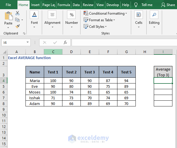 Top 3 average dataset - Excel AVERAGE function