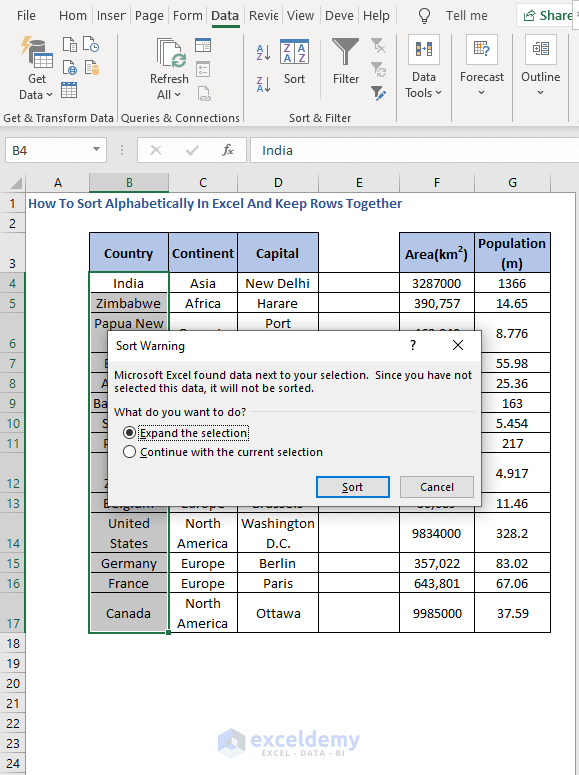 Expand the selection in warning - How To Sort Alphabetically In Excel And Keep Rows Together