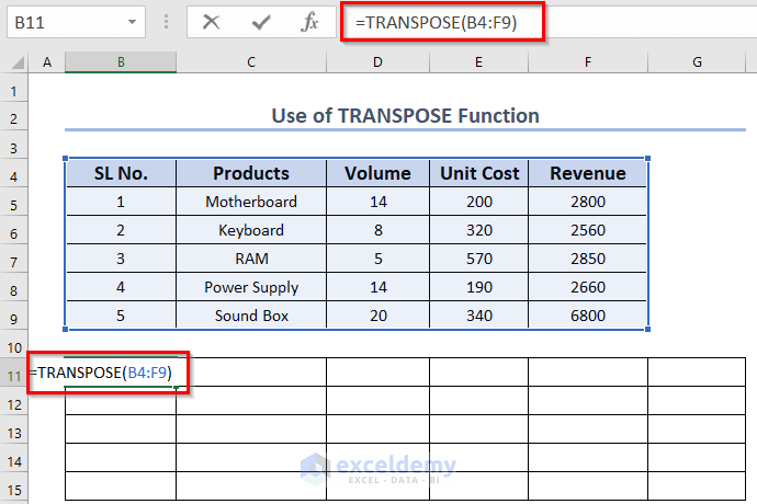 Using TRANSPOSE Function to Convert Columns to Rows