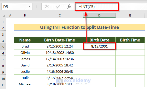Using INT Function to Split Date-Time in Excel