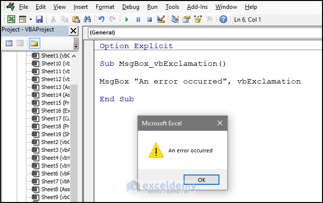 vbExclamation Icon for MsgBox Function in Excel