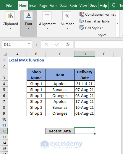 Date data - Excel MAX function