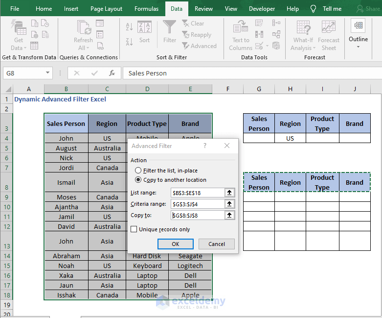 Select range - Dynamic Advanced Filter Excel