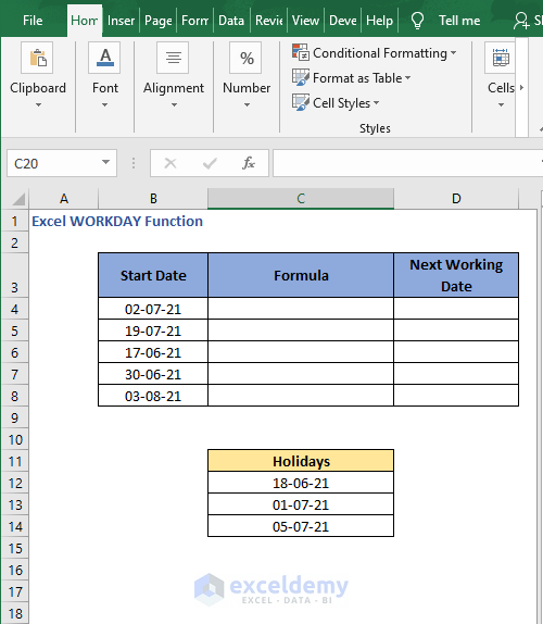 Next day with holidays- Excel WORKDAY Function