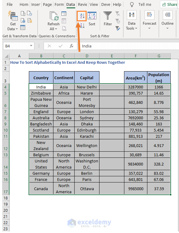 Select entire data - How To Sort Alphabetically In Excel And Keep Rows Together