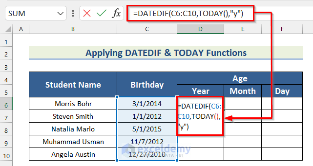 Inserting Array Formula Using DATEDIF Function in Excel