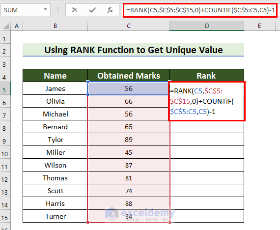 Get Unique Value Using Excel RANK Function