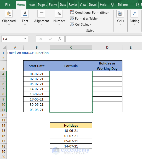 Check holiday or not Excel WORKDAY Function