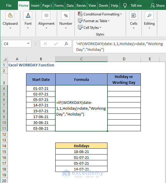 Formula to check - Excel WORKDAY Function