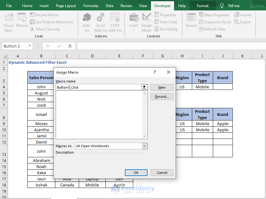 Button Setup - Dynamic Advanced Filter Excel