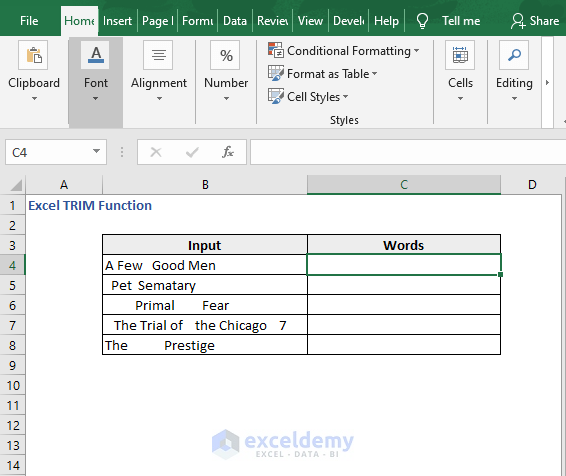 Count Words in String - Excel TRIM Function