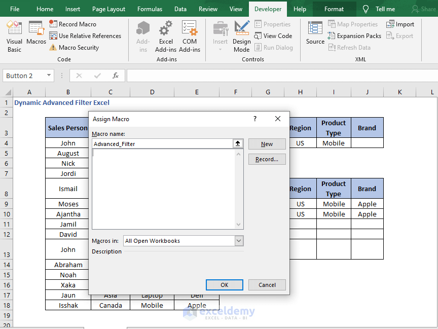 Button Macro set - Dynamic Advanced Filter Excel